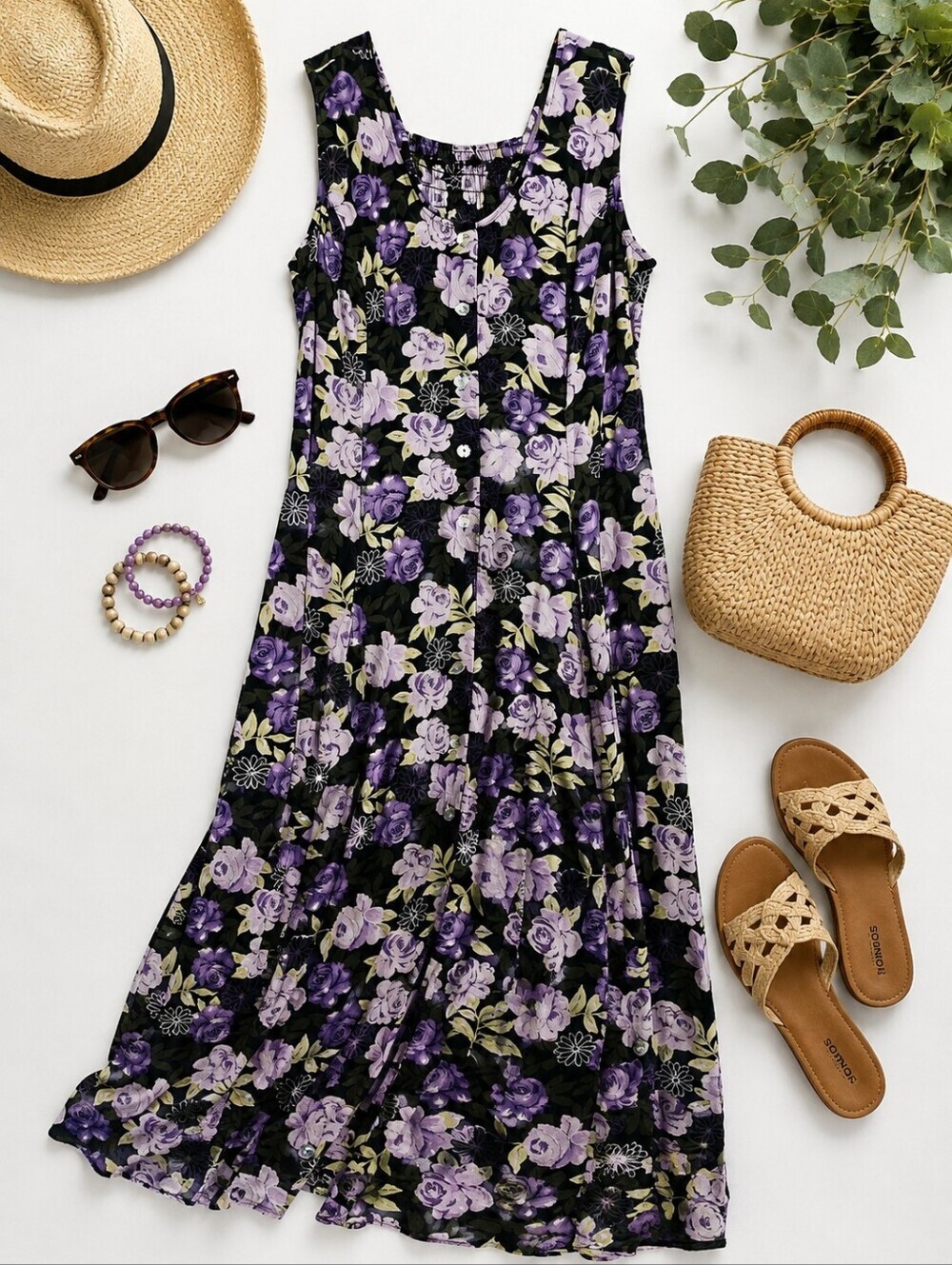 Vtg BETSY lauren Purple Black Floral Sleeveless Full Button Maxi Dress. 14